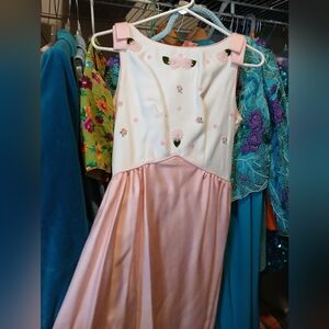 ☆ 60s / 70s Vintage Bridal Floral Pink and White Union Label Dress Empire Waist